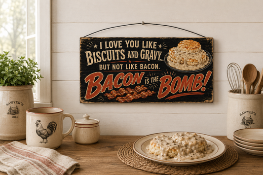 Black biscuits, gravy and bacon 7 by 14 inch wood sign displayed at actual scale in a farmhouse kitchen
