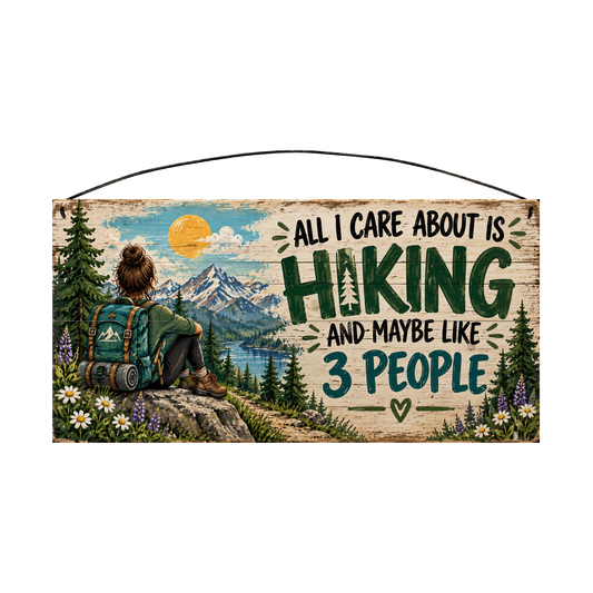 All I Care About Is Hiking Summit View Wood Sign, 7×14 — solid pine