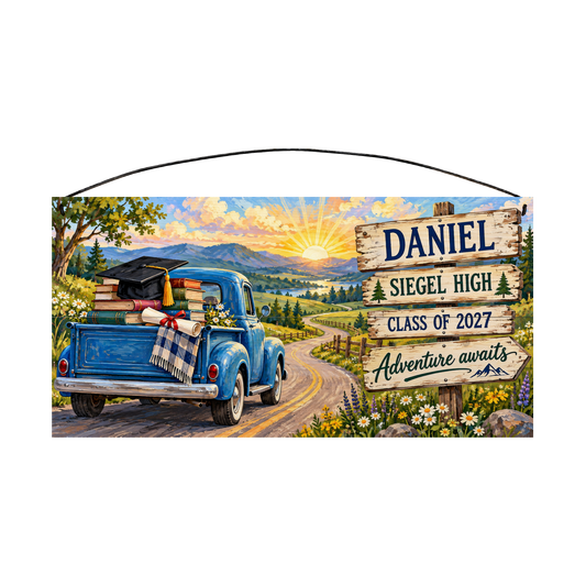 Personalized Adventure Awaits graduation wood sign, 7 x 14 in — a vintage blue pickup loaded with books, a cap and diploma on a winding mountain road at sunrise, with the name on a wooden signpost