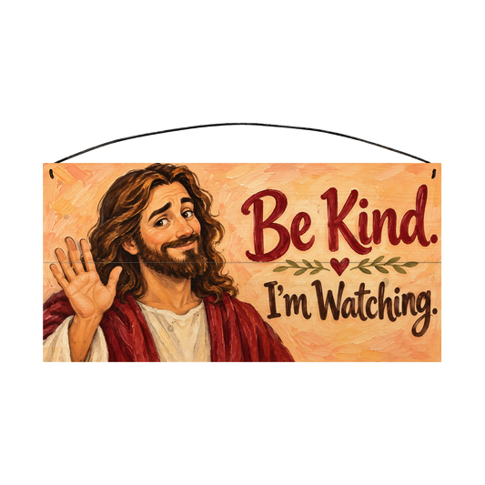 Be Kind I'm Watching wood sign, 7x14, front view