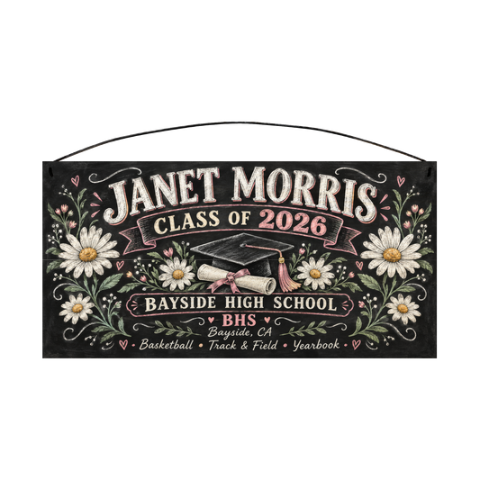 Personalized Class Of Chalkboard, Pink Daisy graduation wood sign, 7 x 14 in — chalkboard-style lettering with white daisies, pink ribbons, a graduation cap and diploma