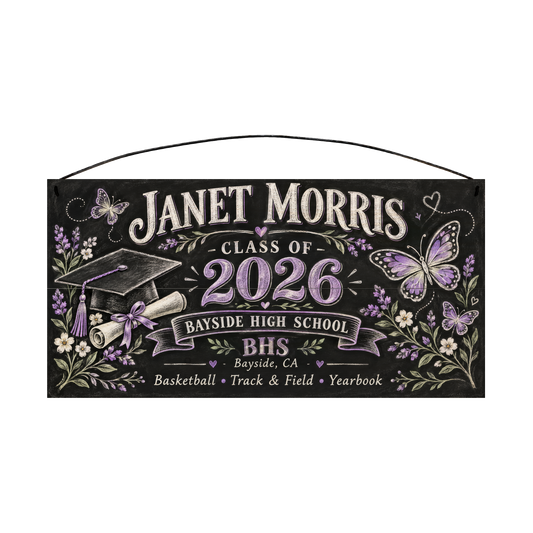 Personalized Class Of Chalkboard, Lavender Butterfly graduation wood sign, 7 x 14 in — chalkboard-style lettering with lavender butterflies, wildflowers, a graduation cap and diploma