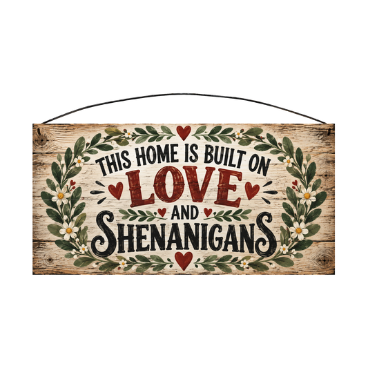 This Home Is Built on Love & Shenanigans Floral Wreath wood sign, front view