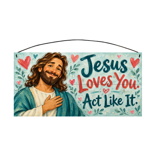 Jesus Loves You Act Like It wood sign, 7x14, front view