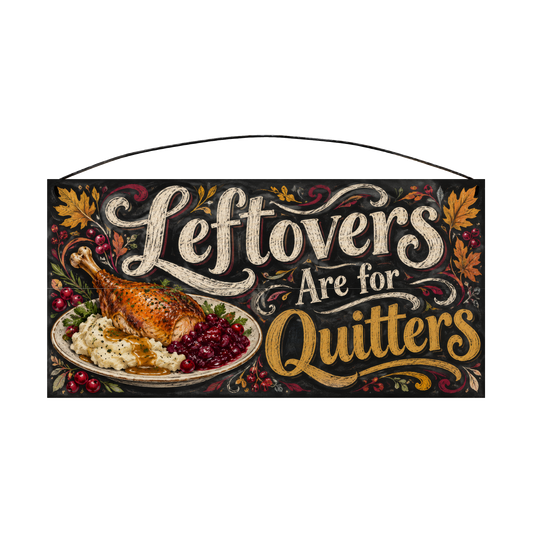 Leftovers Are for Quitters Funny Thanksgiving wood sign, 7x14, front