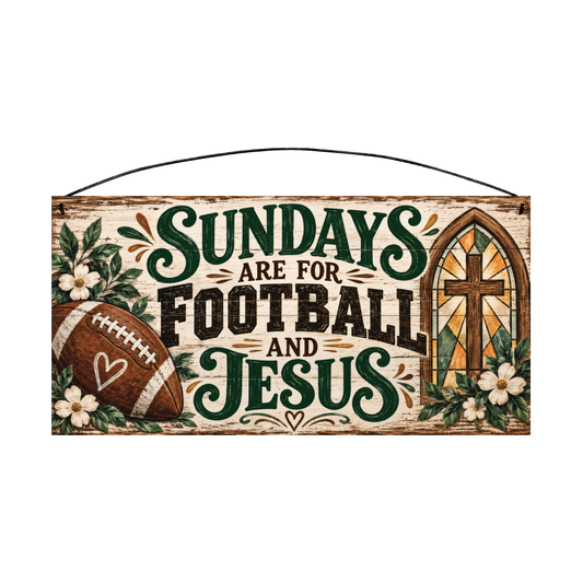 Sundays Are for Football and Jesus Stained Glass Cross 7x14 wood sign, front