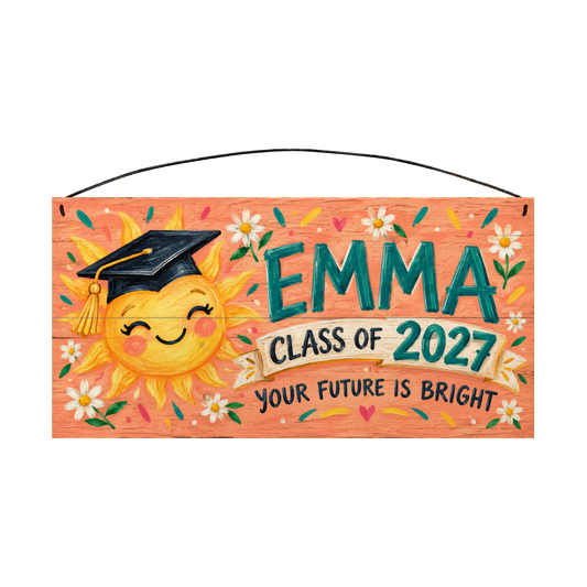 Personalized Your Future Is Bright graduation wood sign, 7 x 14 in — a smiling sun in a graduation cap with daisies on a coral board, with teal name lettering