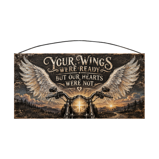 Your Wings Were Ready But Our Hearts Were Not Motorcycle Memorial Cross Headlight Wood Sign, 7×14 — solid pine