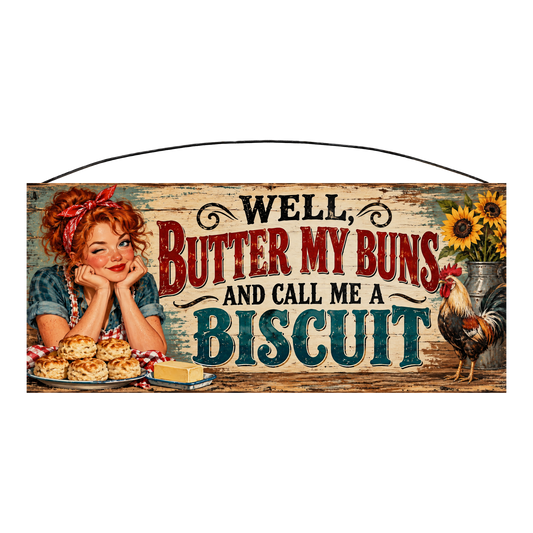 Butter My Buns and Call Me a Biscuit rooster and sunflowers kitchen wood sign, 7 x 16 inches — solid pine