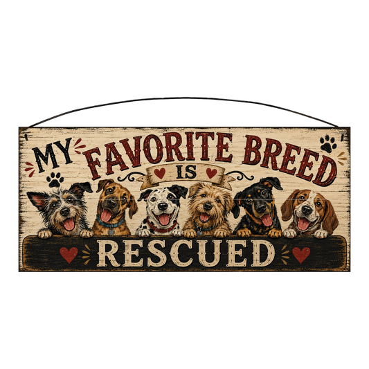 My Favorite Breed Is Rescued Dog Lover Wood Sign, 7×16 — six rescue dogs on a whitewashed pine board
