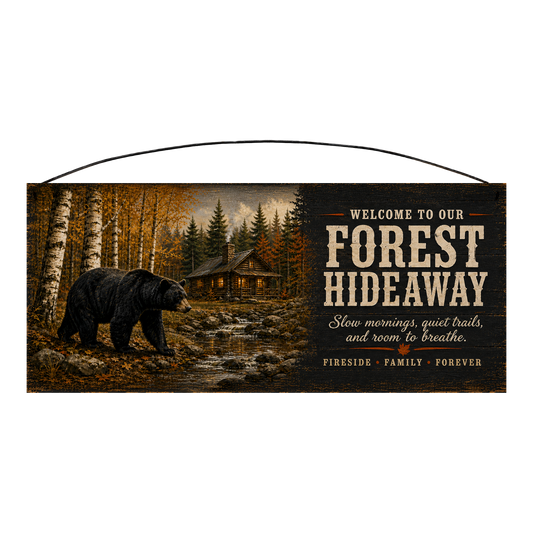 Welcome to Our Forest Hideaway black bear and cabin wood sign, 7 x 16 inches — solid pine