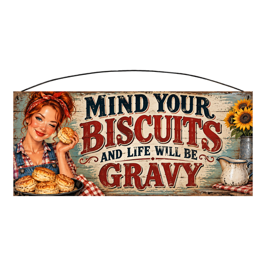 Mind Your Biscuits and Life Will Be Gravy sunflowers kitchen wood sign, 7 x 16 inches — solid pine