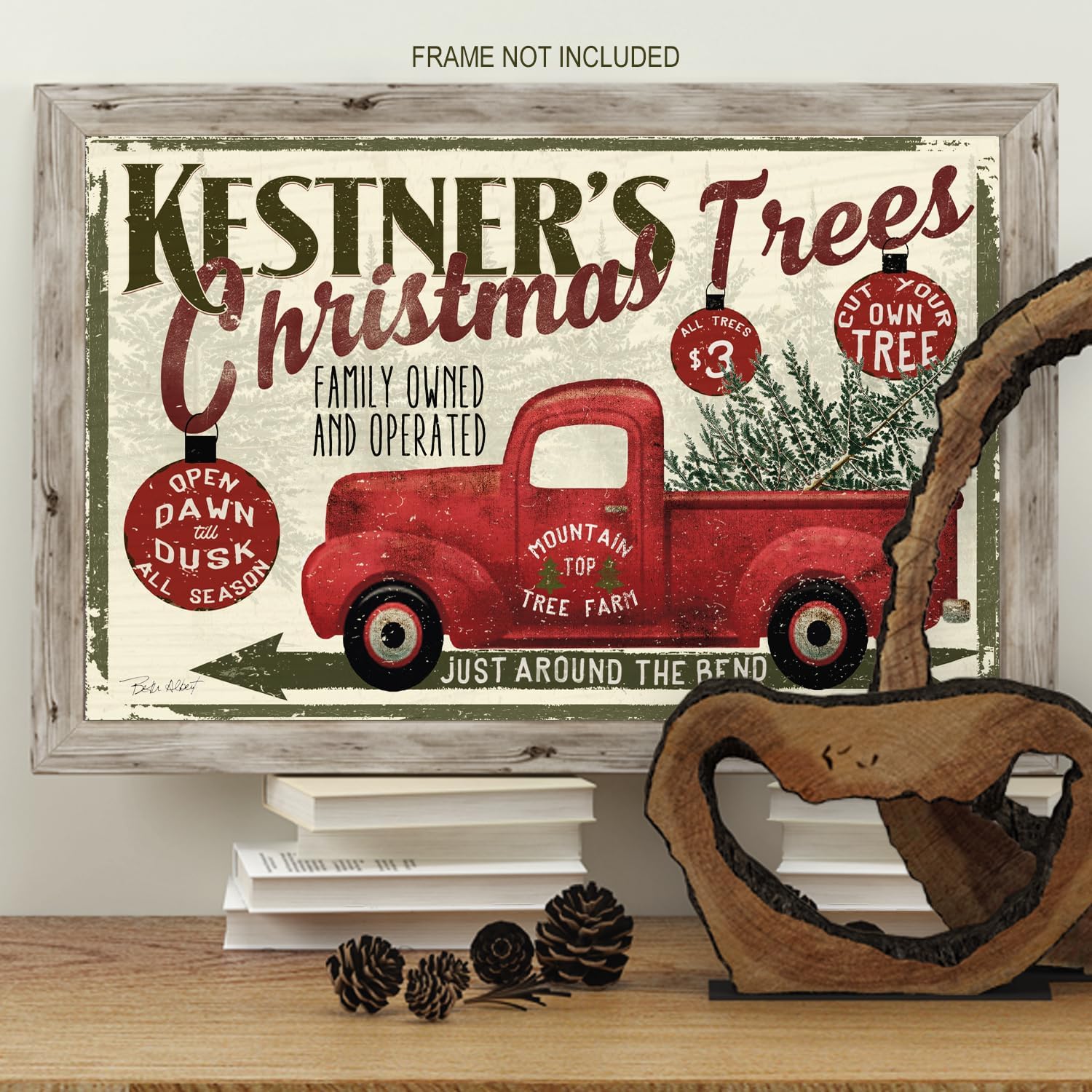 Holiday gift idea: Personalized Christmas Tree Farm art print with family name and red truck