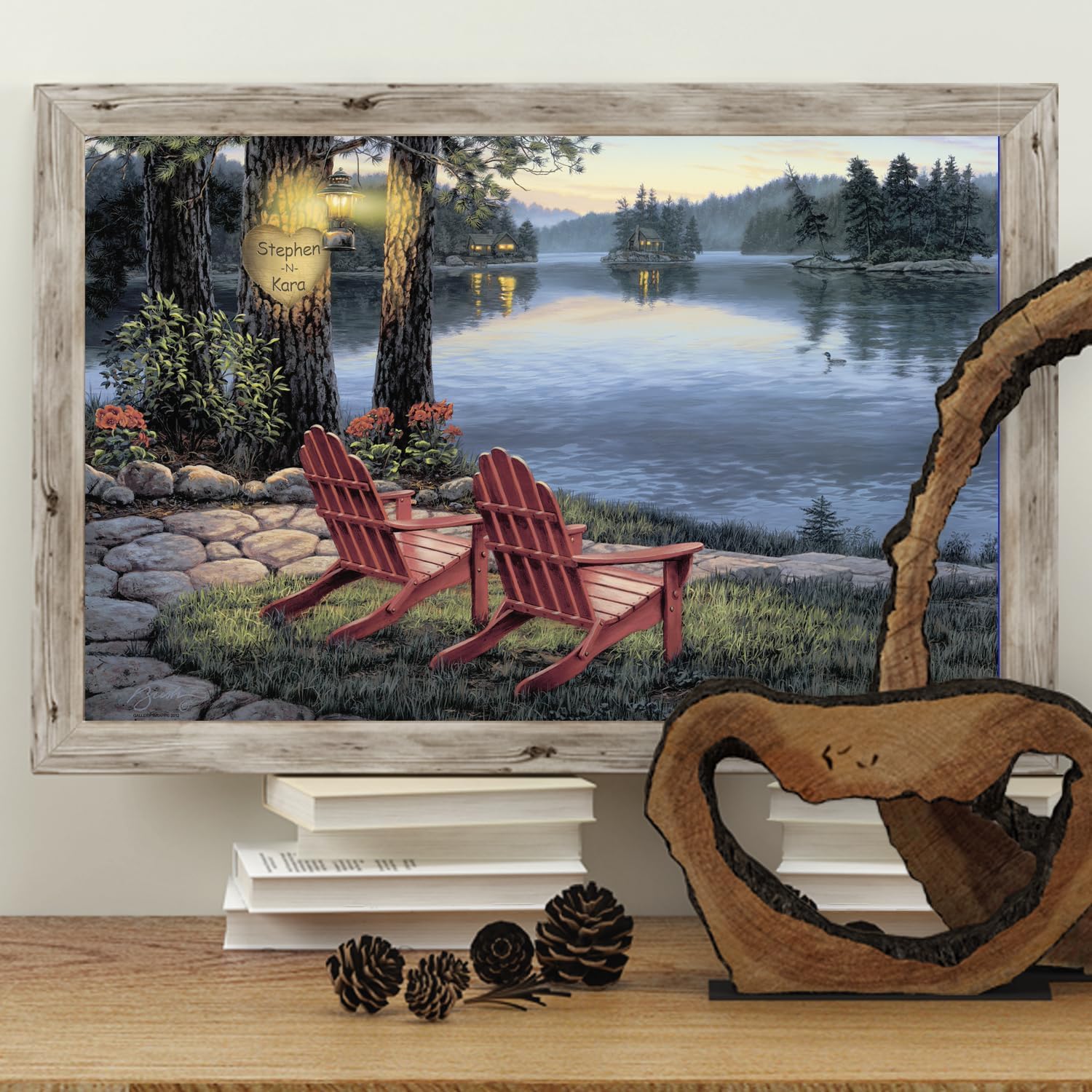 A perfect wedding or anniversary gift — this lakeside scene includes your custom names carved into a heart on a tree, with the peaceful lake and glowing cabins in the background.