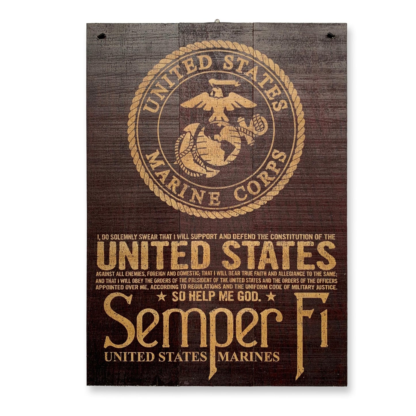 U.S. Marine Corps Oath and Semper Fi | USMC Officially Licensed | UV Printed | 7x10 Inches | Wire for Hanging | Solid Maple |Includes Stand for Tabletop Display