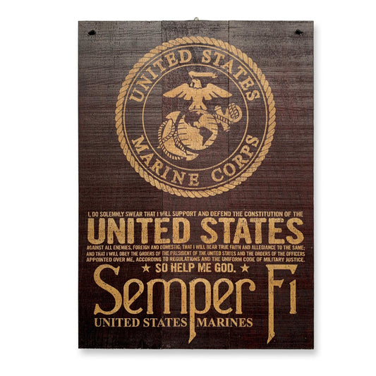 U.S. Marine Corps Oath and Semper Fi | USMC Officially Licensed | UV Printed | 7x10 Inches | Wire for Hanging | Solid Maple |Includes Stand for Tabletop Display