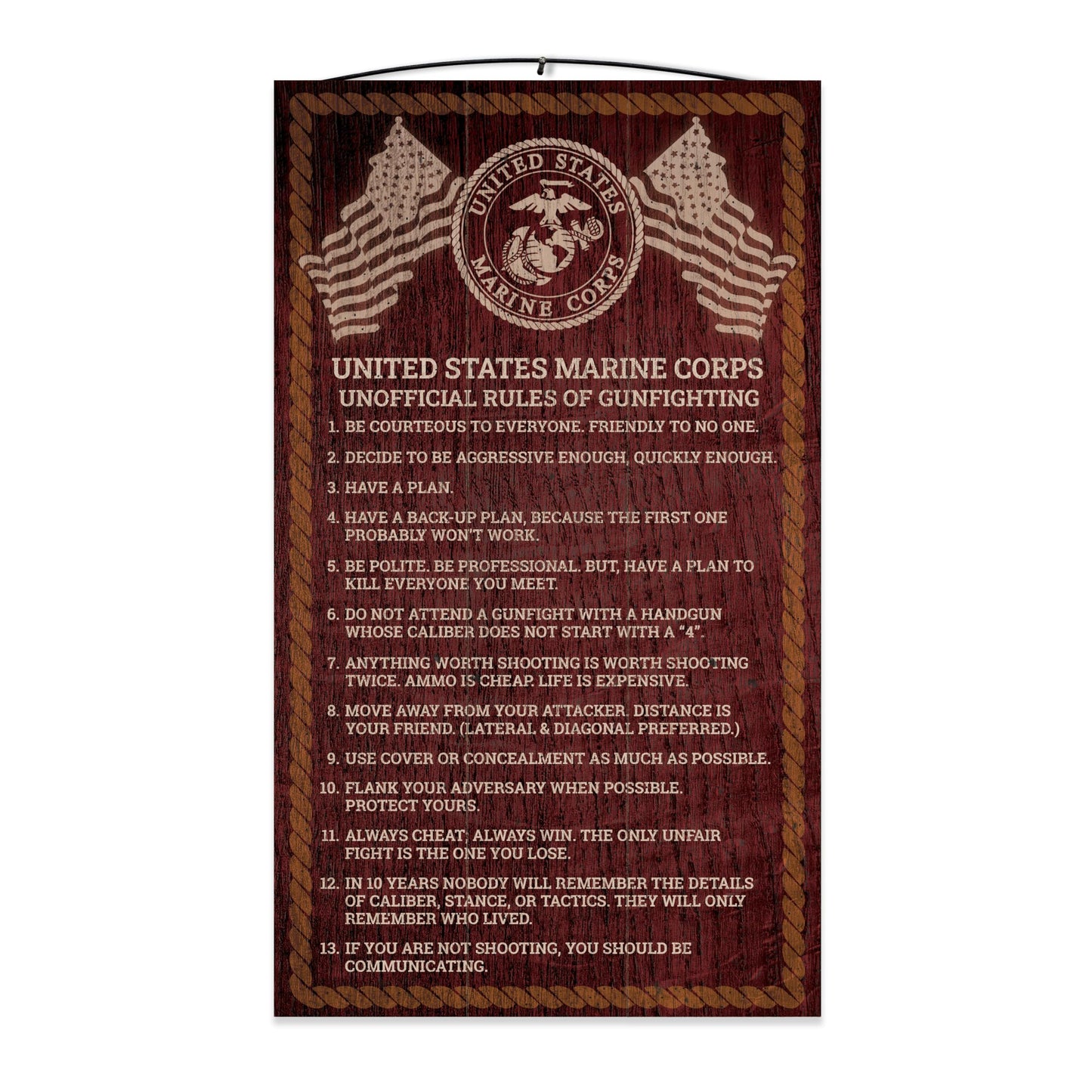 United States Marine Corp |USMC Rules for Gunfighting Wood Sign |Distressed Maple | 7x12 inches | Wire Hanger | Stand Included