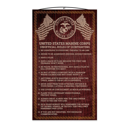United States Marine Corp |USMC Rules for Gunfighting Wood Sign |Distressed Maple | 7x12 inches | Wire Hanger | Stand Included
