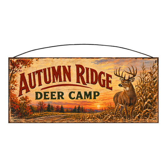 Autumn Ridge Deer Camp whitetail wood sign, 7 x 16 inches — solid pine