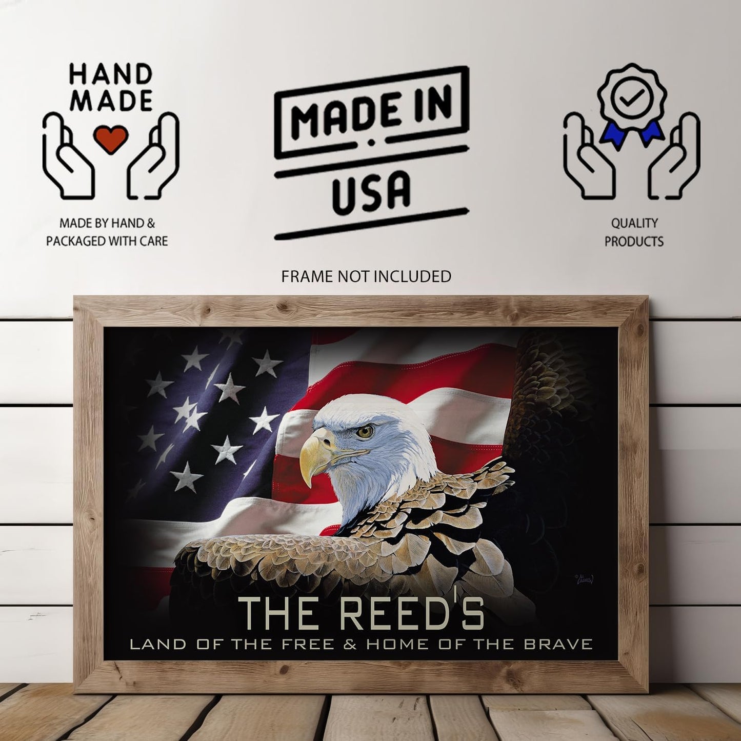 Personalized patriotic poster with Bald Eagle and American Flag – “Land of the Free, Home of the Brave” – Custom family name wall art print.