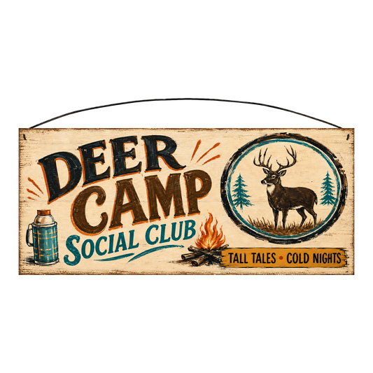 Deer Camp Social Club Tall Tales Cold Nights wood sign, 7 x 16 inches — solid pine