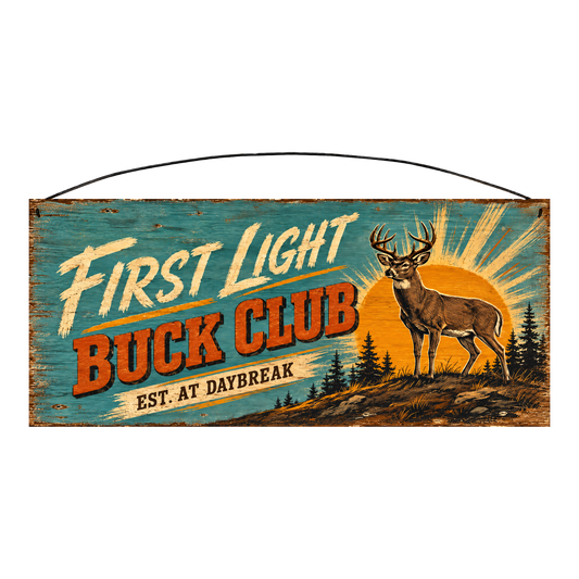 First Light Buck Club Est. at Daybreak wood sign, 7 x 16 inches — solid pine