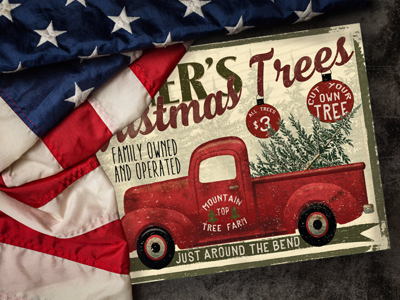 Red truck Christmas wall art with cut-your-own-tree design and custom family name