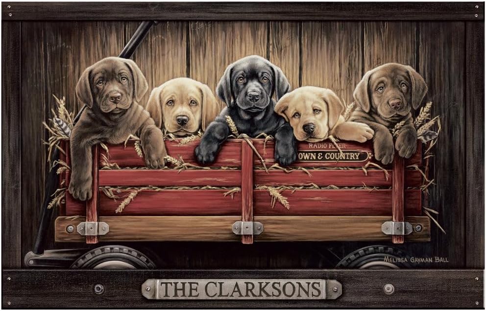 Detailed painting of Labrador puppies riding in a little red wagon,