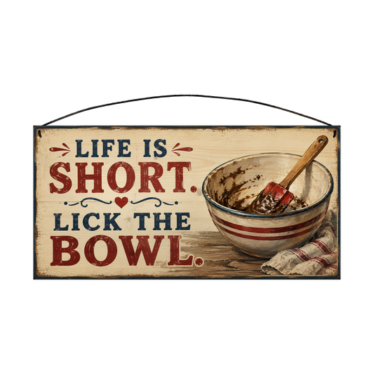 Life Is Short Lick the Bowl cream and navy kitchen wood sign, 7 x 14 inches — solid pine