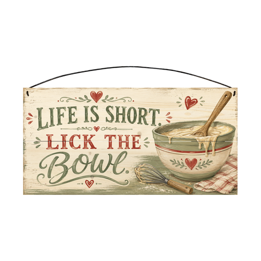 Life Is Short Lick the Bowl sage green farmhouse kitchen wood sign, 7 x 14 inches — solid pine