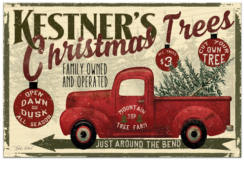 Personalized Christmas Tree Farm print with nostalgic red pickup truck and holiday greenery