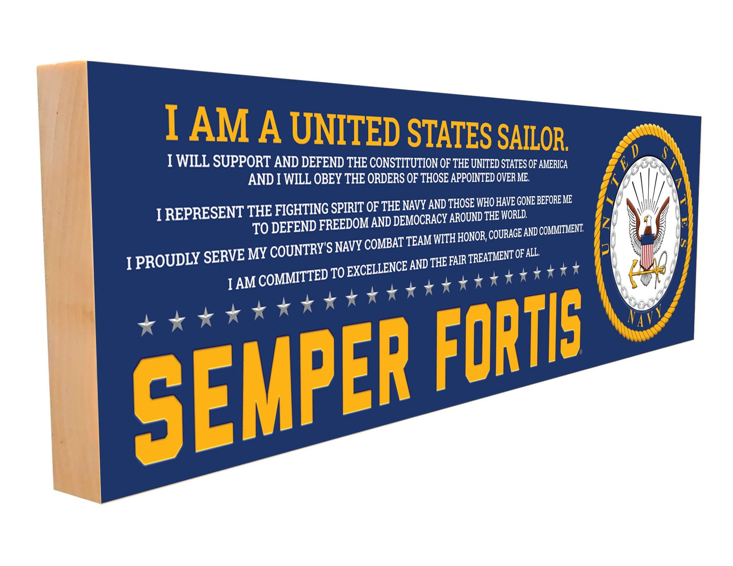 Semper Fortis Wooden Sign – Official U.S. Navy Creed & Embossed Logo, Solid Maple, Freestanding & Wall Display