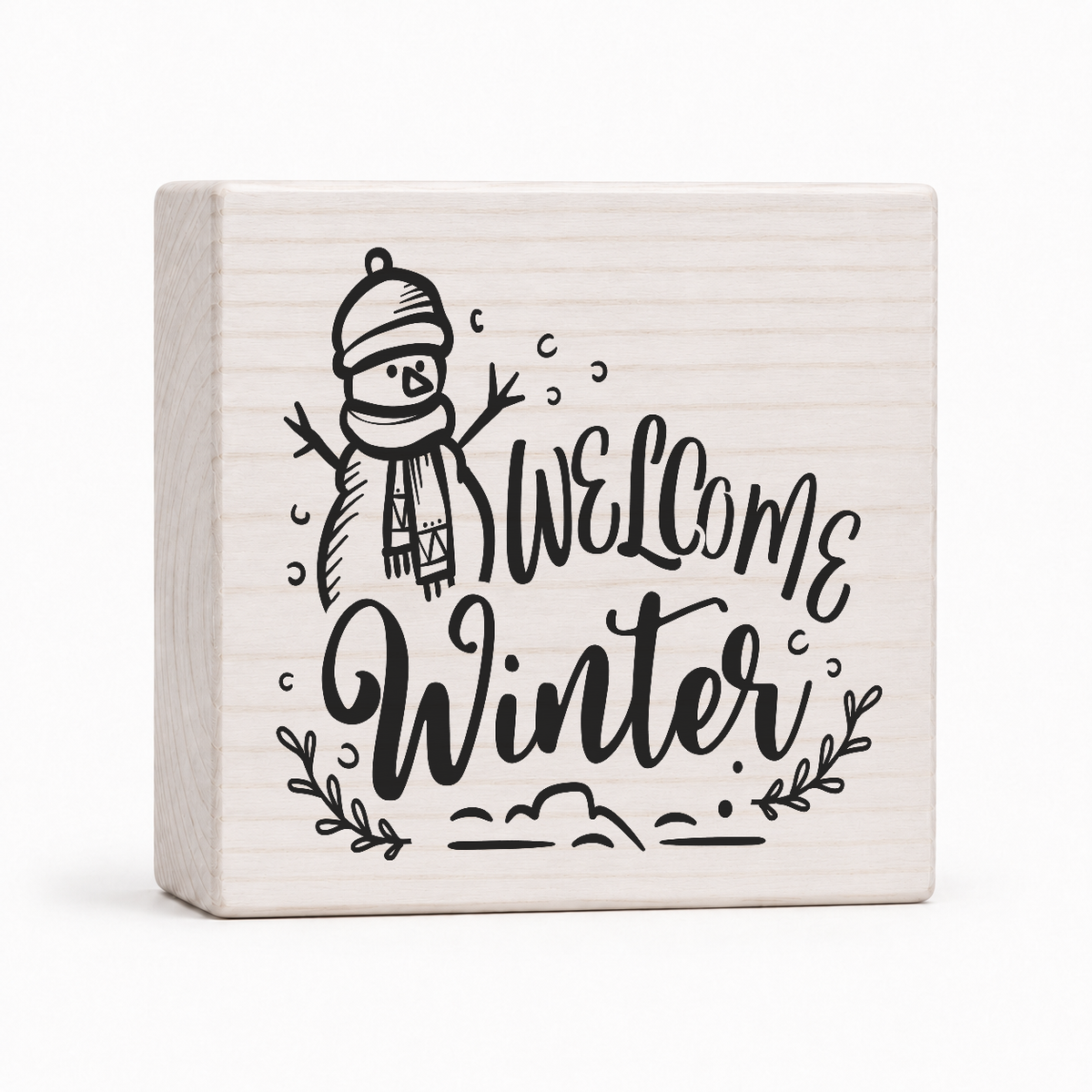 Welcome Winter snowman 4x4 wood block sign by Sawyer's Mill