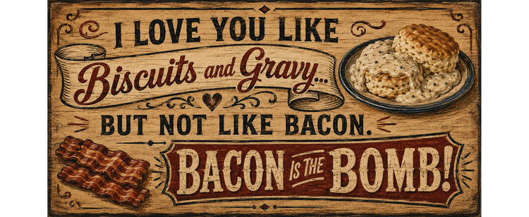 Handmade bacon-themed wood signs by Sawyer’s Mill