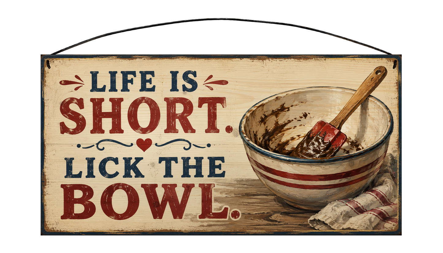 Life Is Short Lick the Bowl vintage baking wood sign, front view