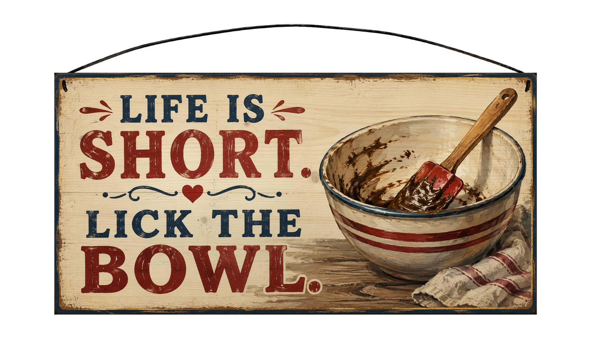 Life Is Short Lick the Bowl vintage baking wood sign, front view
