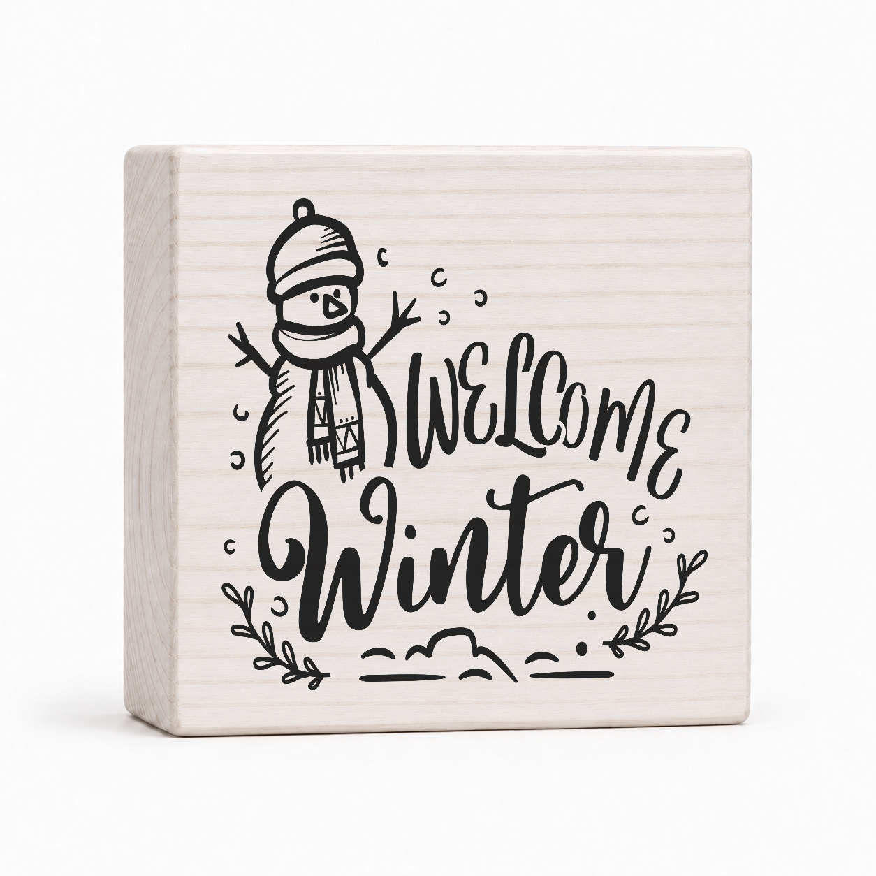 Welcome Winter snowman 4x4 wood block sign by Sawyer's Mill
