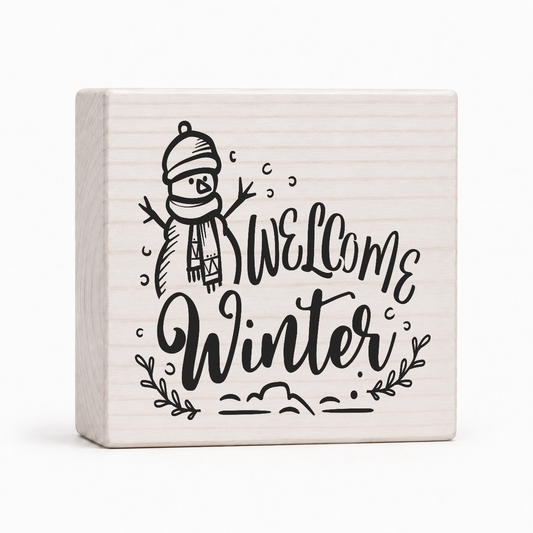 Welcome Winter snowman 4x4 wood block sign by Sawyer's Mill