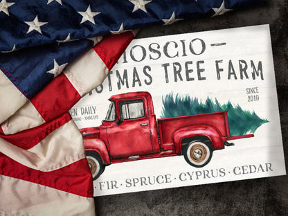 Vintage style red truck Christmas print with family name personalization