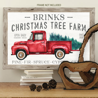 Farmhouse style personalized Christmas Tree Farm artwork — red truck holiday decor