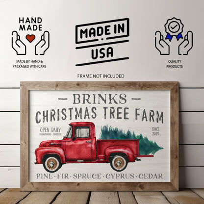 Festive red pickup truck Christmas wall art — add your family name above Christmas Tree Farm