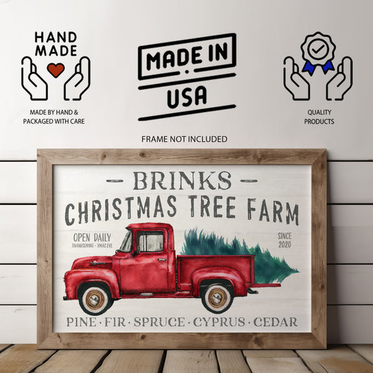 Festive red pickup truck Christmas wall art — add your family name above Christmas Tree Farm