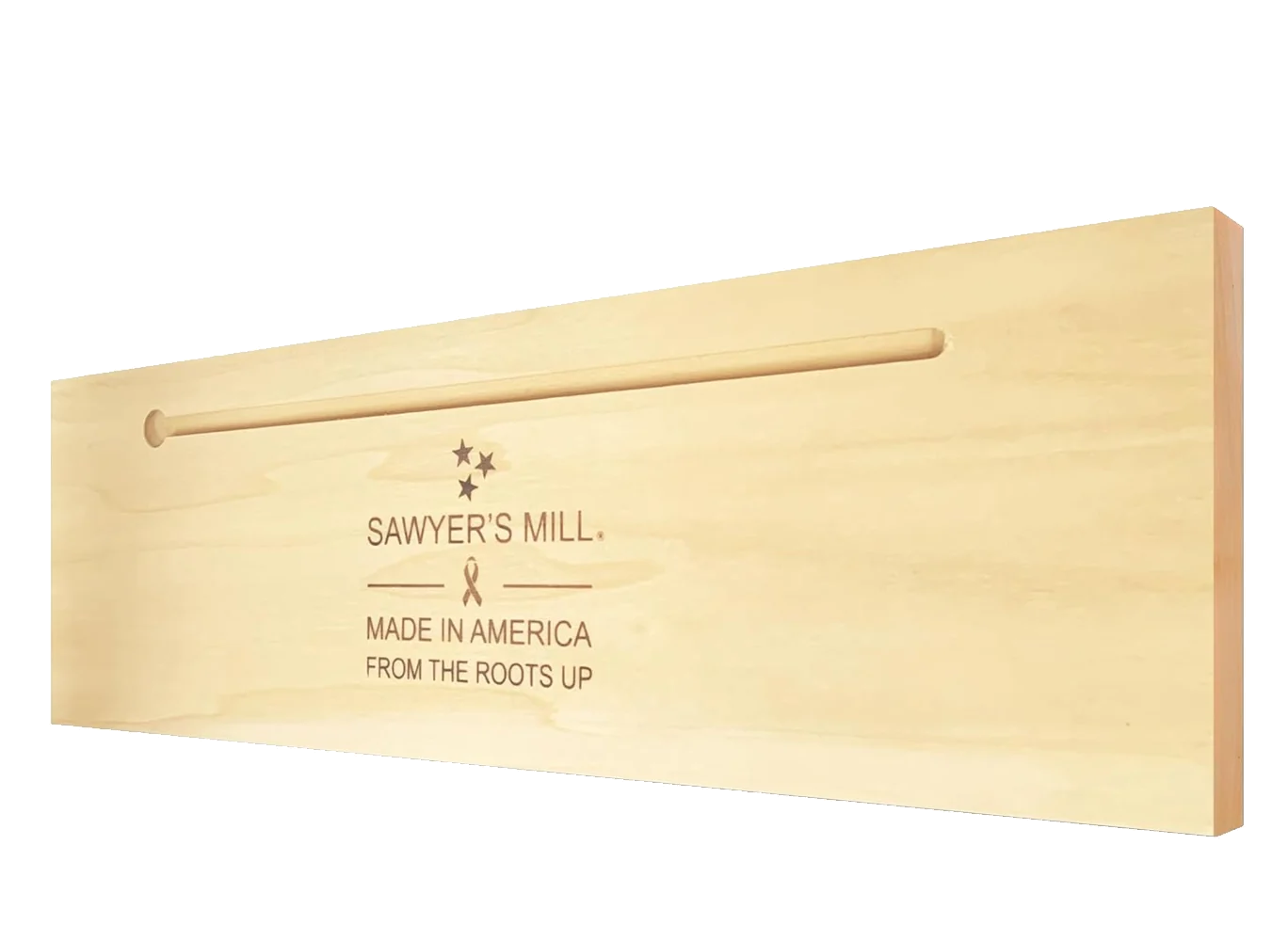 Back of Sawyer's Mill handcrafted 4×12 wood sign