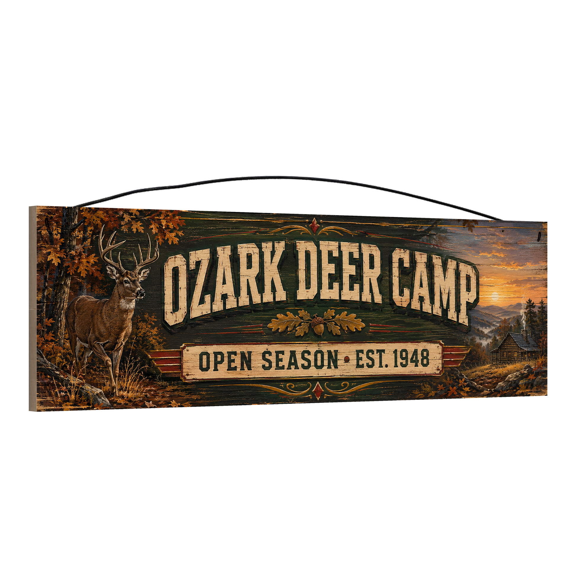 Angled view of the Ozark Deer Camp 5 x 16 pine wood sign showing the board edge and hanging wire