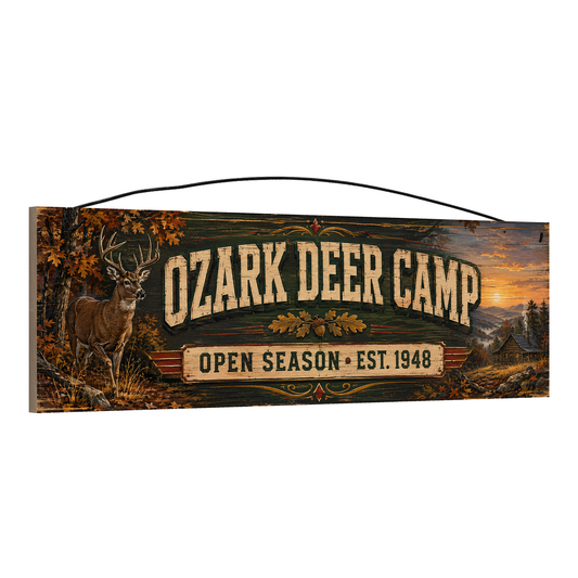 Angled view of the Ozark Deer Camp 5 x 16 pine wood sign showing the board edge and hanging wire