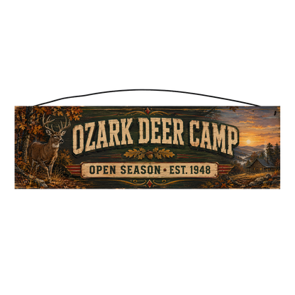 Ozark Deer Camp Open Season whitetail wood sign, 5 x 16 inches — solid pine