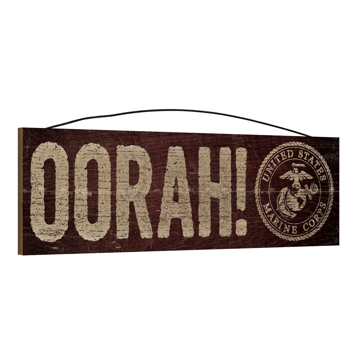 Angled view of the Oorah USMC 5 x 16 wood sign, showing the board thickness and wire hanger