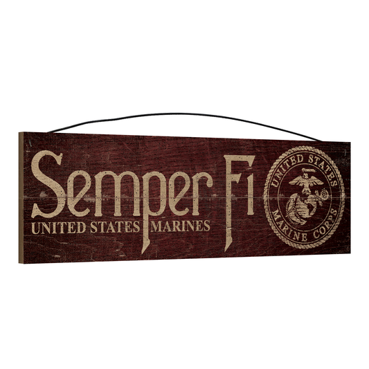 Angled view of the Semper Fi USMC 5 x 16 wood sign, showing the board thickness and wire hanger