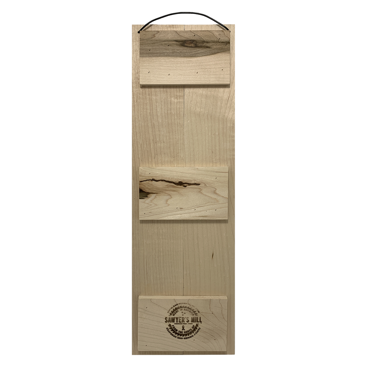 Back of Sawyer's Mill handcrafted 5 x 16 vertical maple wood sign with wire hanger and woodburned maker's mark