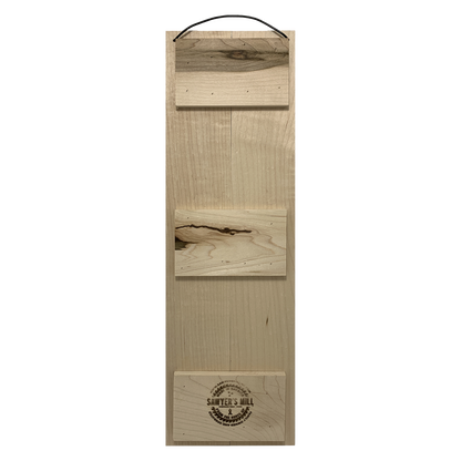 Back of Sawyer's Mill handcrafted 5 x 16 vertical maple wood sign with wire hanger and woodburned maker's mark